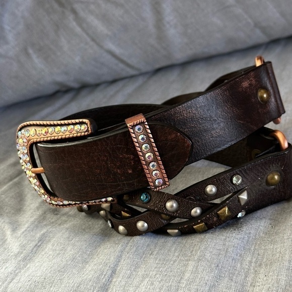 ROPER BELT Western Studded Gems Rockabilly Boho Leather Brown Distressed 26-28 - Picture 2 of 12
